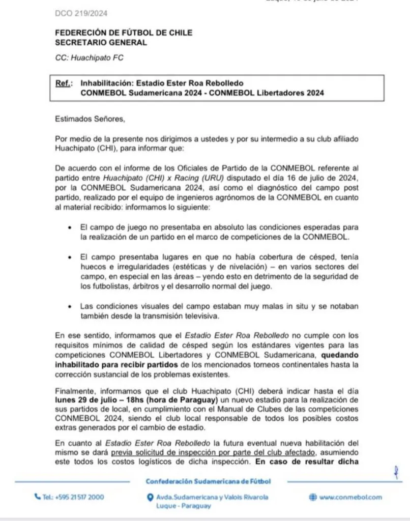 El comunicado que inhabilita al Estadio Ester Roa de Concepción. | Foto: Captura.