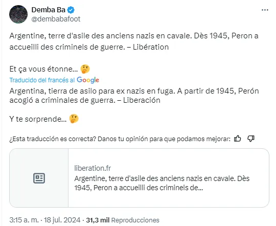 El mensaje de Demba Ba contra Argentina por su cántico racista. | Foto: Captura.