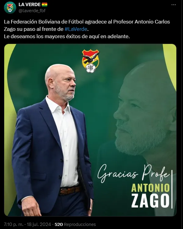 Antonio Zago deja de ser DT de Bolivia: próximo rival de Chile se queda sin entrenador.