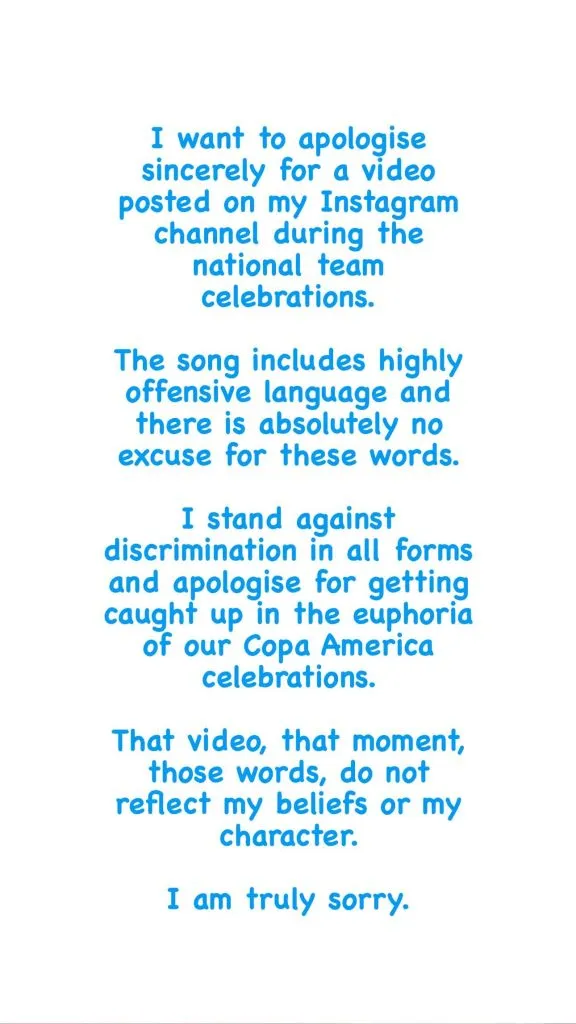 La explicación de Enzo Fernández por sus cantos racistas (Instagram)