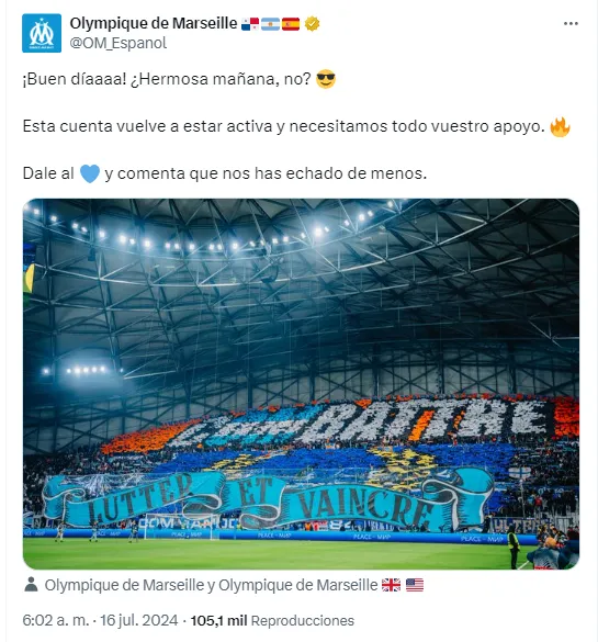 La publicación con que la cuenta en español del Olympique de Marsella volvió. ¿Será el primer paso para darle la bienvenida a Alexis Sánchez? | Foto: Captura.