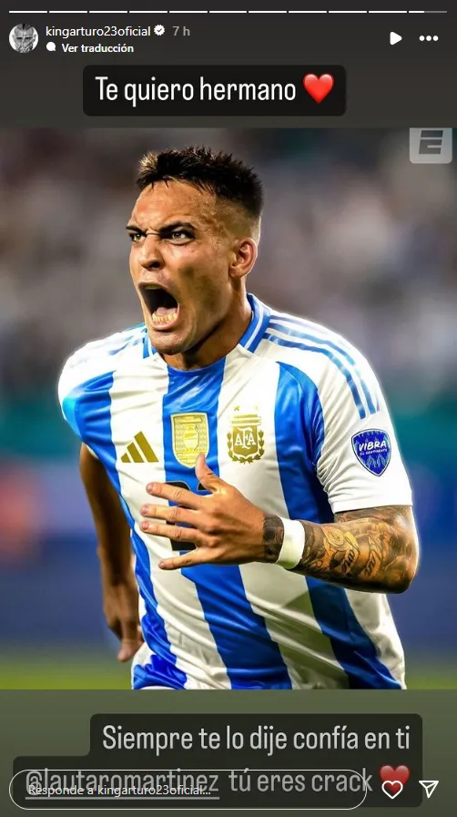 Arturo Vidal le dedicó palabras a Lautaro Martínez tras ser el héroe de Argentina ante Colombia. Foto: Instagram.
