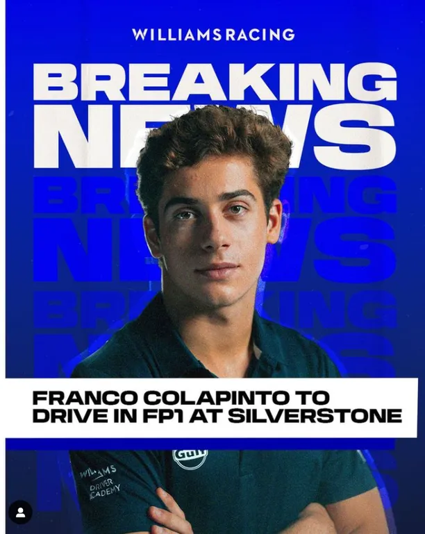 La gráfica de Williams para comunicar lo de Colapinto. (Captura).