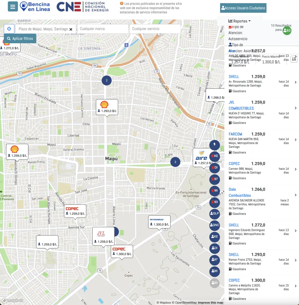 Foto: Bencinaenlinea.cl.