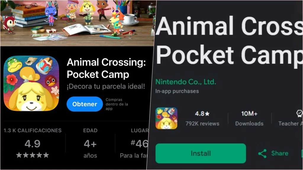 Animal Crossing: Pocket Camp tenía buenas evaluaciones tanto en App Store (4,9) como Play Store (4,8).