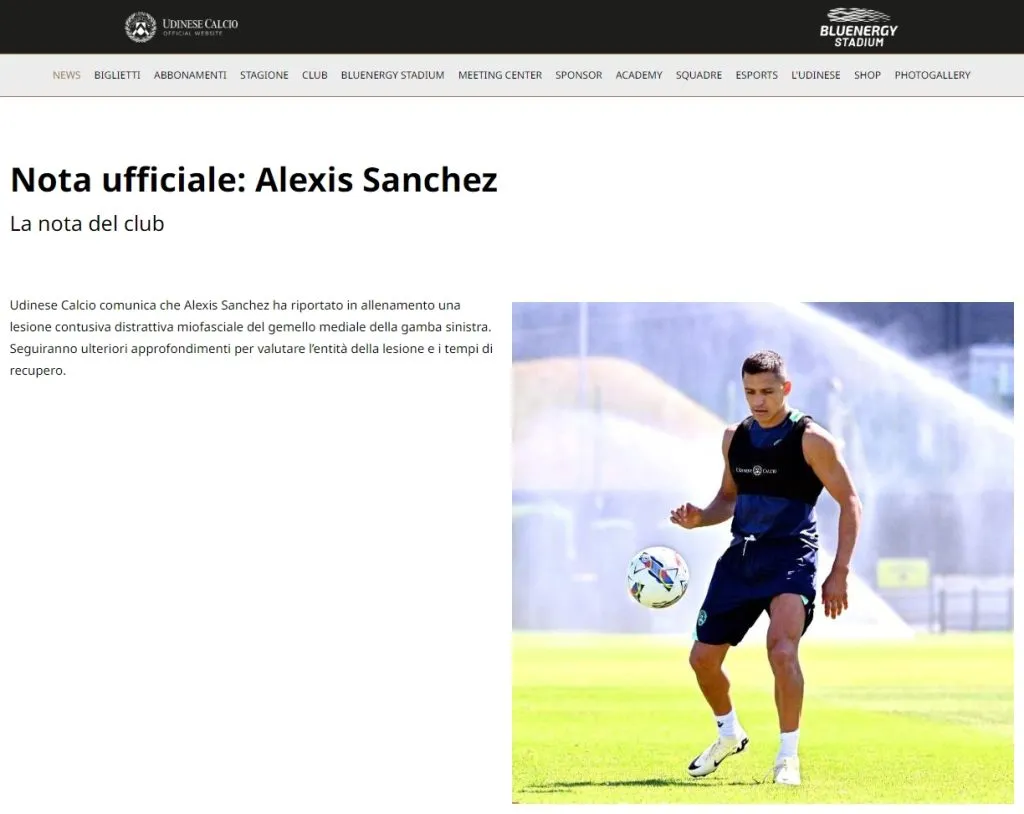 El comunicado sobre la lesión de Alexis Sánchez (Udinese)