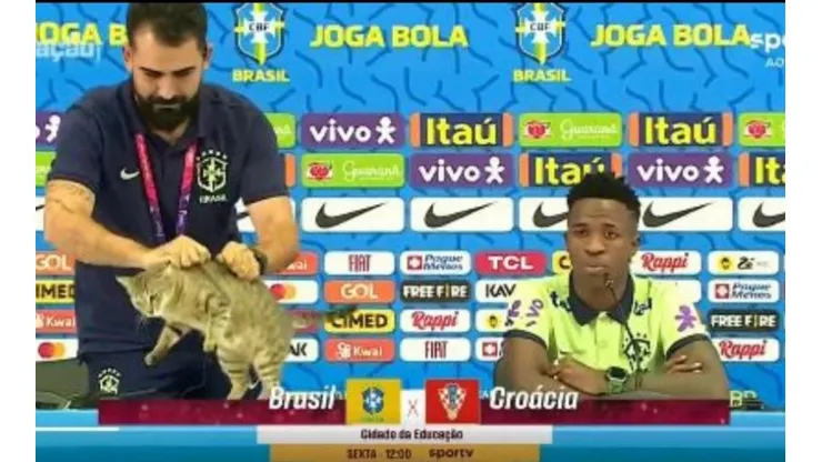 El momento en que el encargado de prensa de Brasil saca al gato de escena.