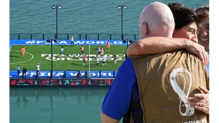 Iván Zamorano abraza al presidente de la FIFA, Gianni Infantino, en el partido de Leyendas de la FIFA en Qatar 2022