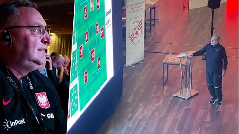 Bielsa da una charla sobre la selección de Polonia con el DT Czeslaw Michniewicz entre el público.