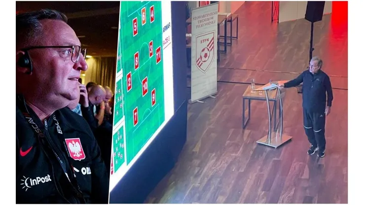 Bielsa da una charla sobre la selección de Polonia con el DT Czeslaw Michniewicz entre el público.