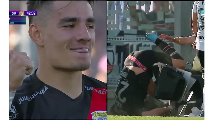 Diego Coelho sufrió una fuerte caída y poco más de 20 minutos después anotó el empate de Curicó Unido ante Colo Colo en el estadio Monumental. (Capturas TNT Sports).