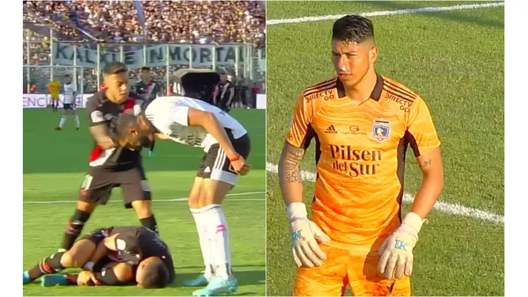Diego Coelho le dio un golpe que le provocó una hemorragia nasal a Brayan Cortés en el duelo entre Colo Colo y Curicó Unido. (Capturas TNT Sports).