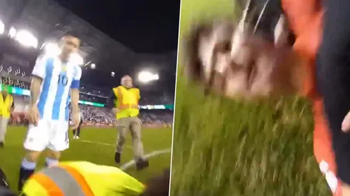 Kenneth Leiva se lanzó con todo el ánimo buscando acercarse a Lionel Messi.