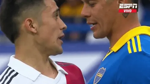 Pablo Solari y Marcos Rojo, cara a cara en el Superclásico entre Boca Juniors y River Plate. (Captura ESPN).
