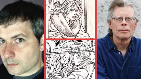 Gabriel Rodríguez junto a Stephen King y algunas de las ilustraciones para el proyecto conjunto.
