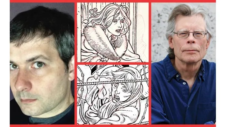 Gabriel Rodríguez junto a Stephen King y algunas de las ilustraciones para el proyecto conjunto.