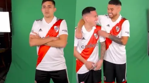 El Pibe y Paulo Díaz fueron parte de la sesión de fotos de la nueva camiseta del cuadro Millonario, donde el chileno se mostró bien risueño.