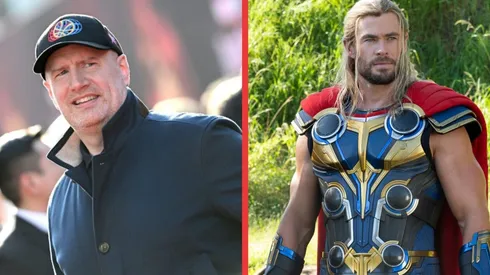 El presidente de Marvel, Kevin Feige, y Chris Hemsworth como el Dios del Trueno en Thor: Love & Thunder.
