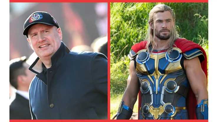El presidente de Marvel, Kevin Feige, y Chris Hemsworth como el Dios del Trueno en Thor: Love & Thunder.
