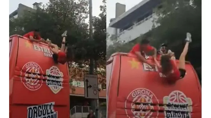 El momento en que la fotógrafa del Girona es sostenida por los jugadores
