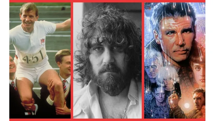 Vangelis en su juventud, junto a una escena de Chariots of Fire y el afiche de Drew Struzan para Blade Runner.