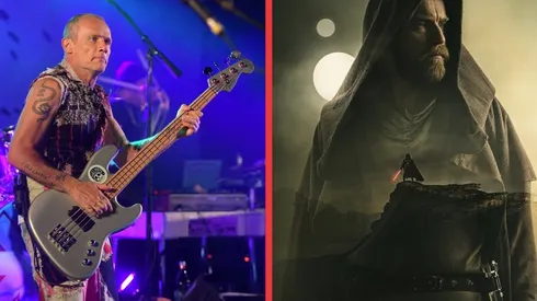 Flea en el escenario con Red Hot Chili Peppers y el afiche oficial de Obi-Wan Kenobi, la nueva serie de Star Wars.