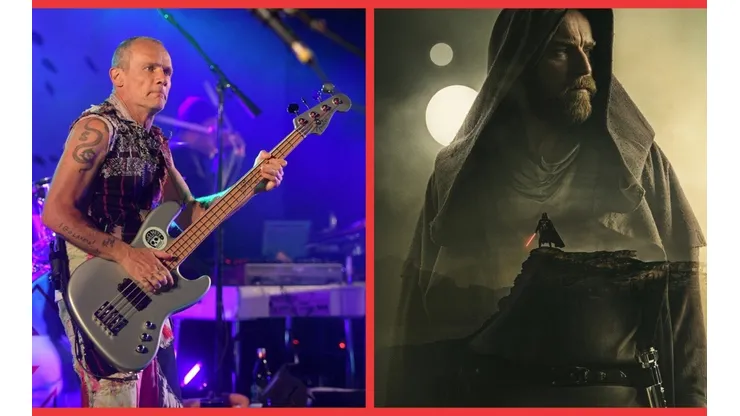 Flea en el escenario con Red Hot Chili Peppers y el afiche oficial de Obi-Wan Kenobi, la nueva serie de Star Wars.