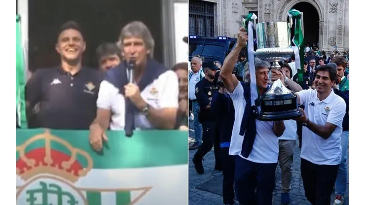 Manuel Pellegrini se dirige a miles de hinchas béticos en las calles de Sevilla