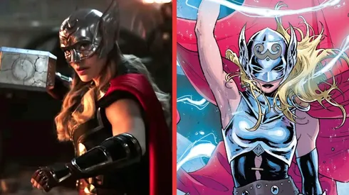 Natalie Portman como Jane Foster en Thor: Love & Thunder y Mighty Thor en los cómics de Marvel.