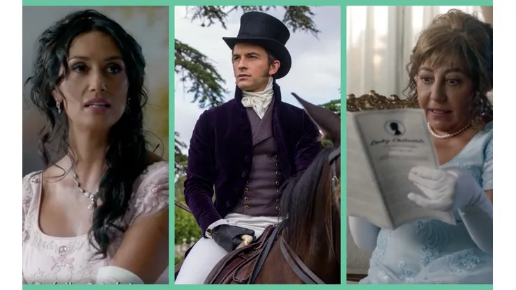 Pamela Díaz, Anthony Bridgerton (Jonathan Bailey) y Helhue Sukni, en el promocionald e Netflix.