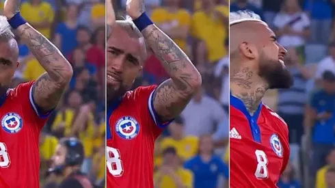 Arturo Vidal llora tras la derrota de Chile ante Brasil.