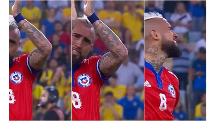 Arturo Vidal llora tras la derrota de Chile ante Brasil.