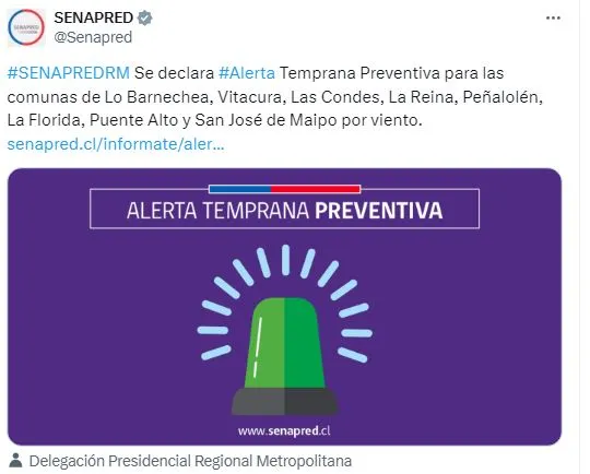 Aviso de Senapred. Foto: X.