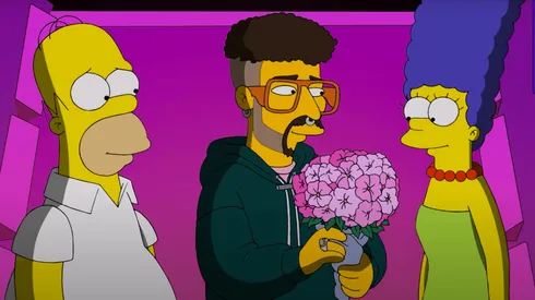 Bad Bunny junto a Homero y Marge de Los Simpson.