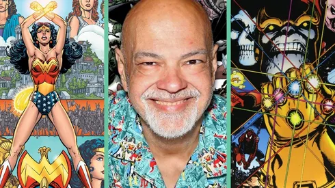 George Pérez junto a Wonder Woman y Thanos.