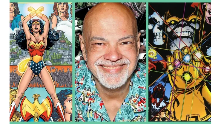 George Pérez junto a Wonder Woman y Thanos.