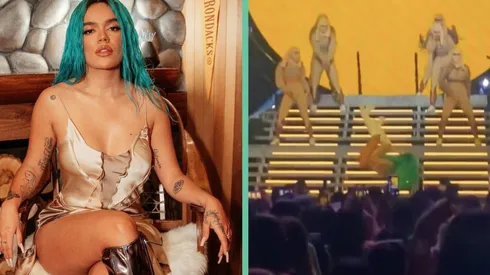 Karol G y una captura del momento de su caída escalera abajo en medio del escenario.
