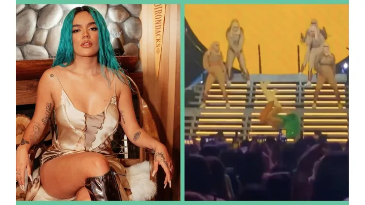 Karol G y una captura del momento de su caída escalera abajo en medio del escenario.