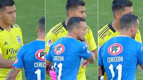 Roberto Cereceda levanta la moral de Julio Fierro tras el segundo gol de Audax a Colo Colo.