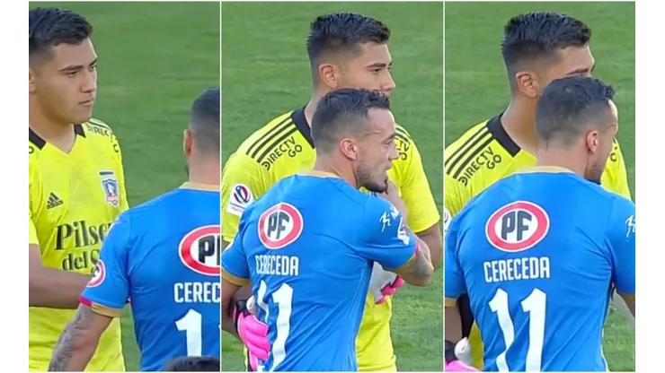 Roberto Cereceda levanta la moral de Julio Fierro tras el segundo gol de Audax a Colo Colo.