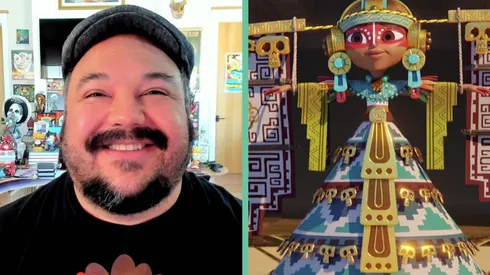 Jorge R. Gutiérrez junto a su creación: Maya y los Tres.