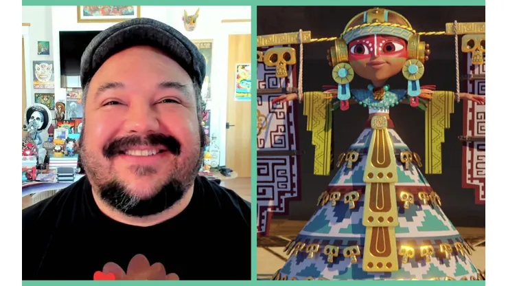 Jorge R. Gutiérrez junto a su creación: Maya y los Tres.