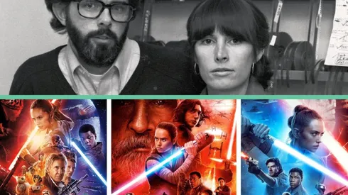 Arriba: George Lucas y Marcia Lucas en la sala de edición. Abajo: los afiches de la nueva trilogía de películas de Star Wars.
