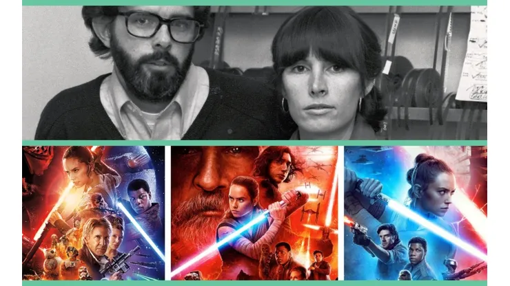 Arriba: George Lucas y Marcia Lucas en la sala de edición. Abajo: los afiches de la nueva trilogía de películas de Star Wars.