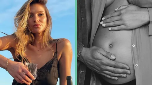 Mayte Rodríguez junto a una de las fotos que compartió para hacer el anuncio de su embarazo.