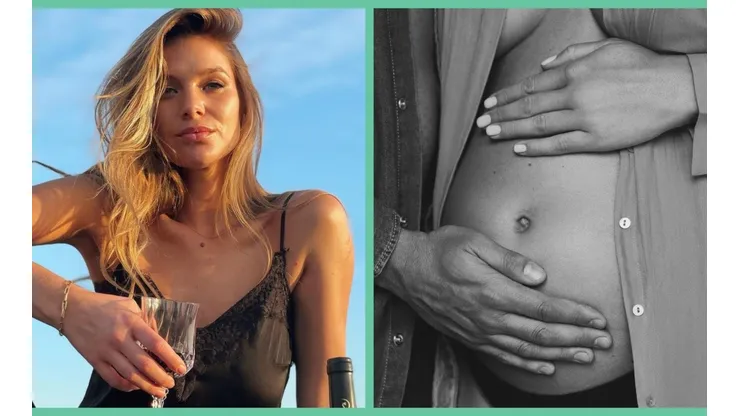 Mayte Rodríguez junto a una de las fotos que compartió para hacer el anuncio de su embarazo.