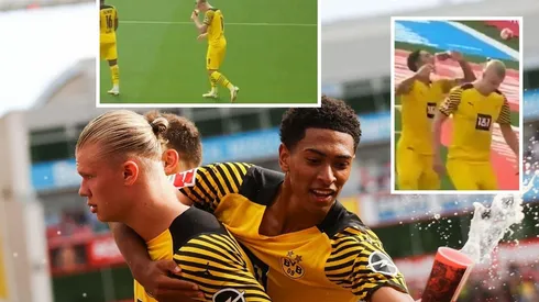 Haaland y Bellingham recibiendo cervezas de los hinchas rivales