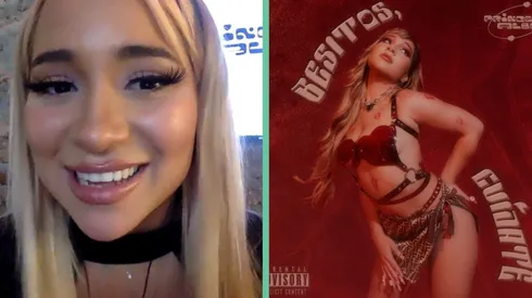 Princesa Alba en el encuentro con la prensa y la portada del disco besitos, cuídate.