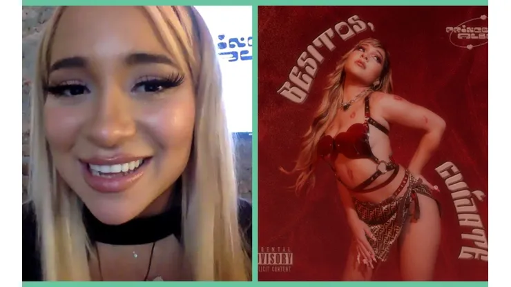 Princesa Alba en el encuentro con la prensa y la portada del disco besitos, cuídate.