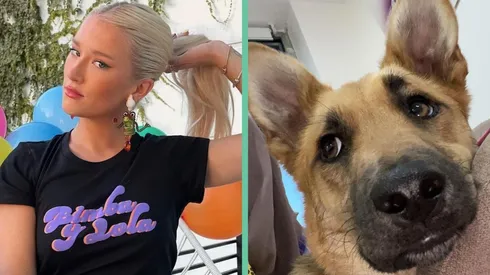 Vesta Lugg junto a Funky, su perrita.